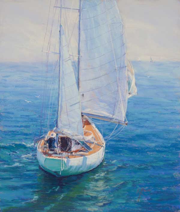 ocean waves, reflections,  yacht under sail, morning mist, sketching, drawing, painting, artists, pastel specialist, 