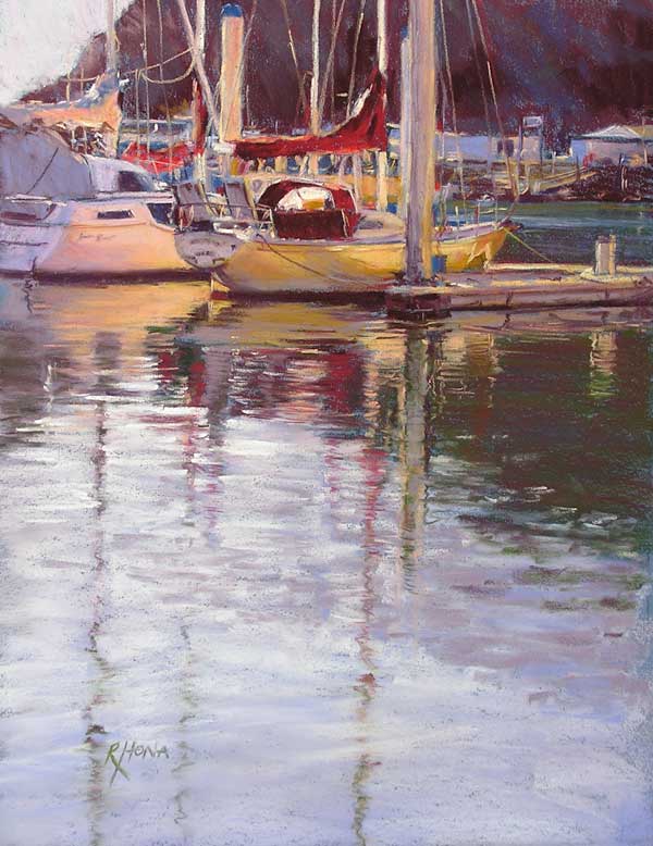 pastel boats, jetty, painting regina, hona artist, water reflections, boats yachts jetty, paint, sketch, draw. workshops, regina hona, 